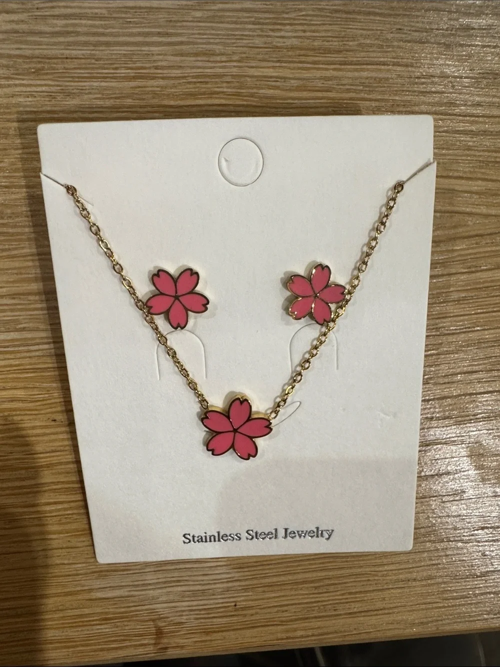 Pink Flower Stainless Steel Necklace & Earring Set